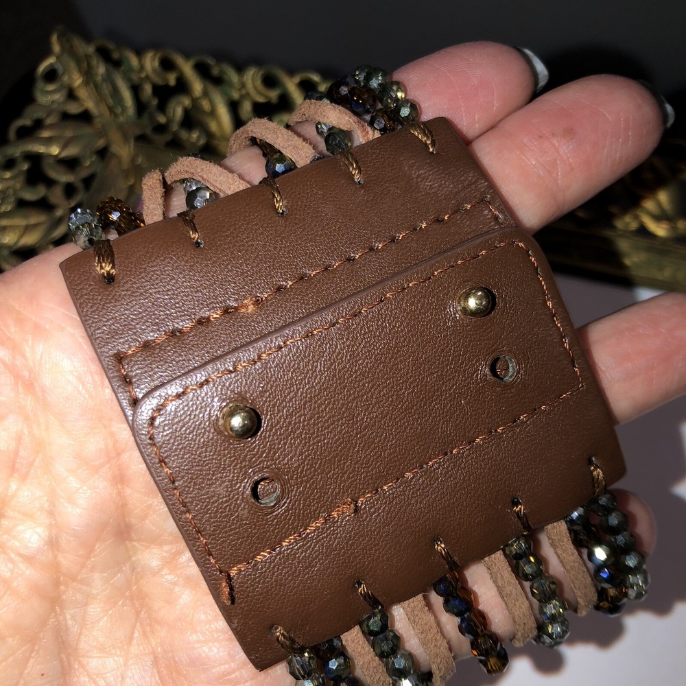 Leather & Crystal Cuff Wide Bracelet Brown Leather Green AB Crystal Multi Strand - Picture 3 of 12